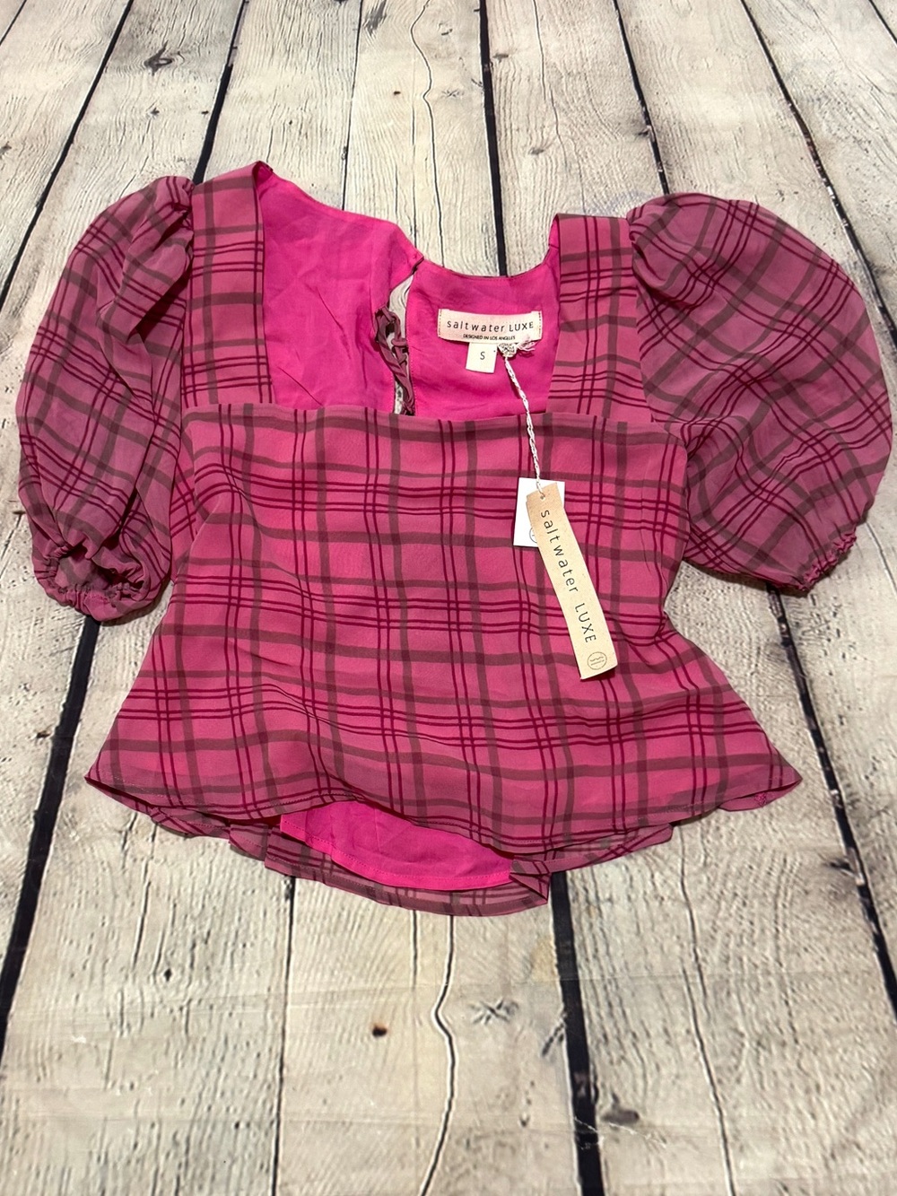 Saltwater LUXE Fuchsia Plaid Square-Neck Puff Sleeve Blouse